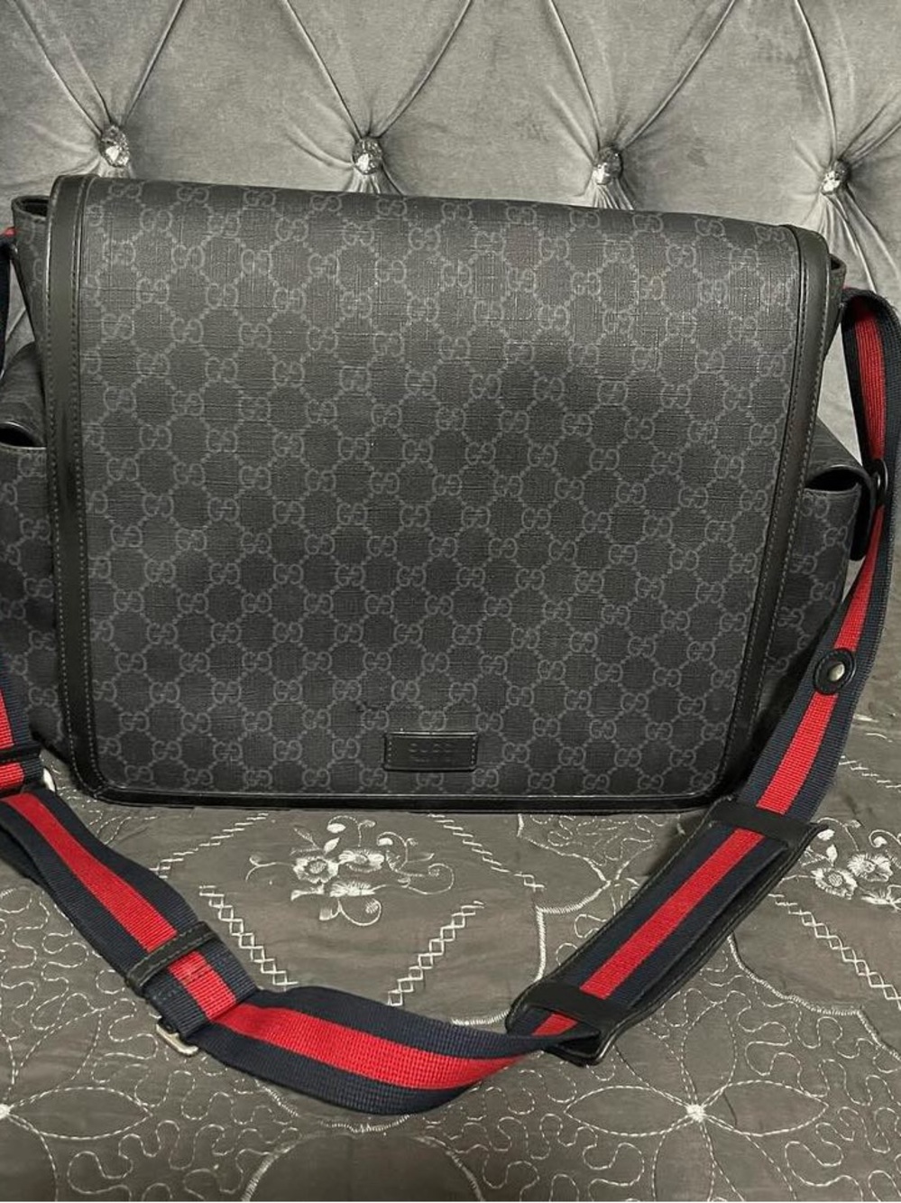 Gucci Black GG Messenger Bag with Red and Blue Web Strap